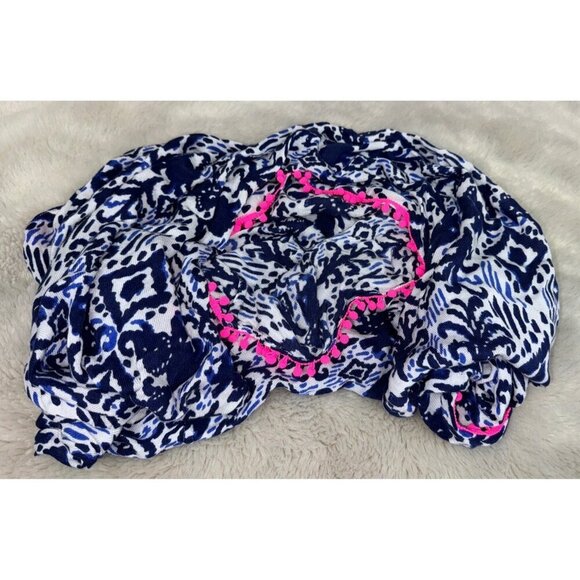 LILLY PULITZER Women’s Blue White Pink RILEY Infinity Scarf Tons Of Fun Pom Poms - Picture 2 of 4